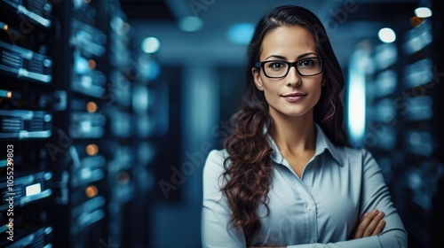 a female engineer with her arms crossed, positioned in front of a busy data center lined with servers. She has a strong, confident look,