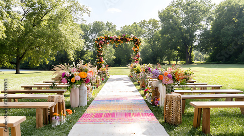 vibrant summer wedding aisle adorned with colorful flowers and archway