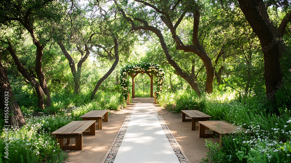 serene forest wedding aisle with natural archway and benches serene forest wedding aisle with natural archway and benches