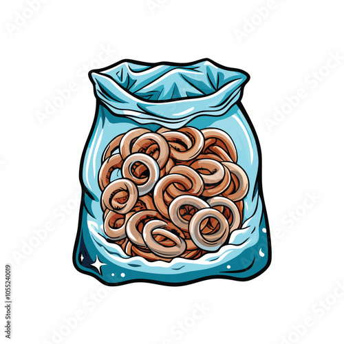 A close-up shot of frozen calamari rings, tightly packed in a frosted plastic bag, with a hint of white frost visible on the surface.