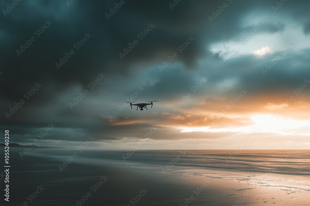 flying drone in the distance, with dramatic sky as background , dreamy background, wind flow flying drone in the distance, with dramatic sky as background , dreamy background, wind flow