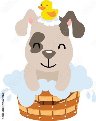 Cute dog taking a bath in wooden tub