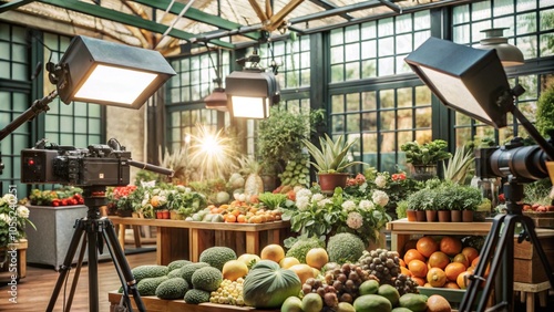 A professional film set with cameras and lighting equipment capturing fresh produce.