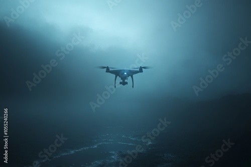 Flying drone in the distance, a subtle harmony of dark blue and black, dreamy background, wind flow 