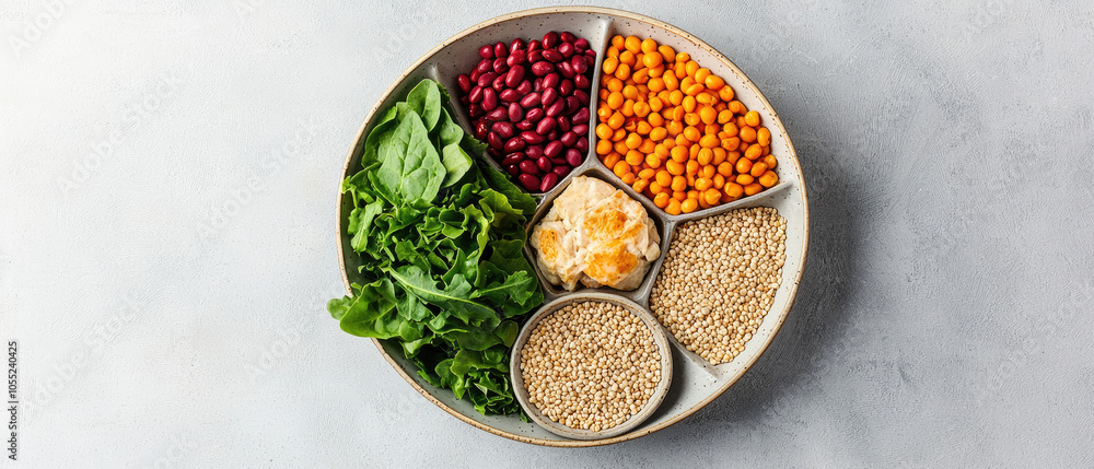 Colorful bowl filled with fresh greens, beans, and grains on a light background. Colorful bowl filled with fresh greens, beans, and grains on a light background.