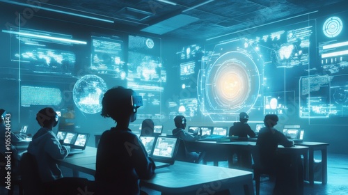 A futuristic classroom where students interact with AI tutors