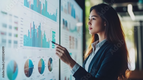 A professional Asian woman presenting quarterly financial results with charts