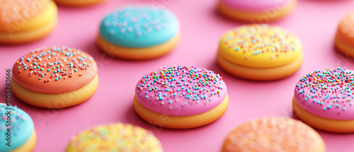 Colorful macarons on a pink background, featuring fun sprinkles for an eye-catching dessert display, perfect for special occasions. photo