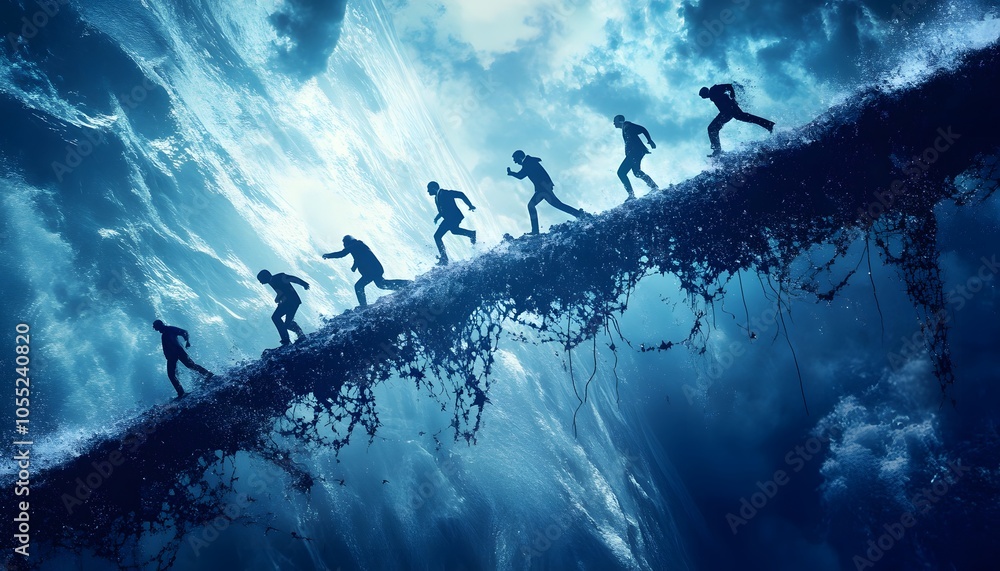 Silhouettes of People Walking on a Curved Path Above a Blue, Cloudy Sky Silhouettes of People Walking on a Curved Path Above a Blue, Cloudy Sky