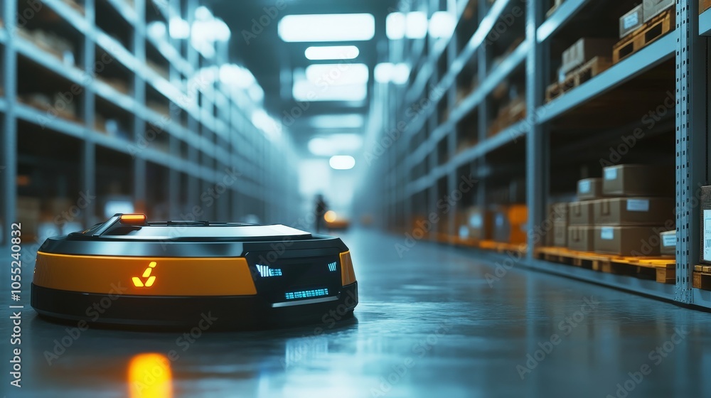 A futuristic warehouse where AI-powered robots manage inventory and shipping logistics A futuristic warehouse where AI-powered robots manage inventory and shipping logistics