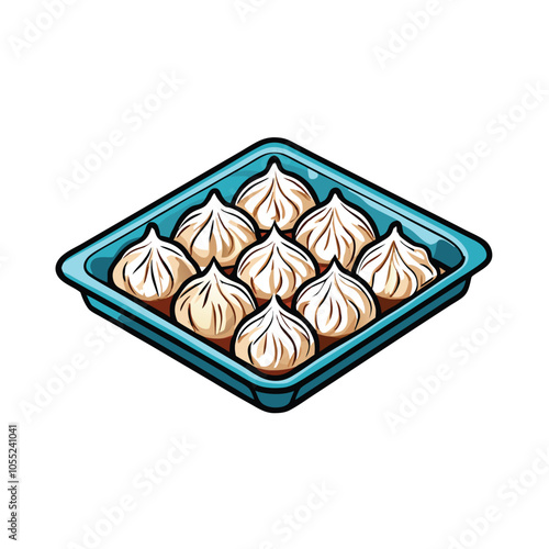 A close-up shot of frozen dumplings arranged in a neat pattern in a clear plastic container.