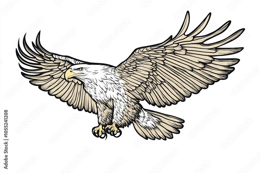 Obraz premium illustration of an eagle with spread wings side view, bold lines, soaring in the sky flying, logo, artwork