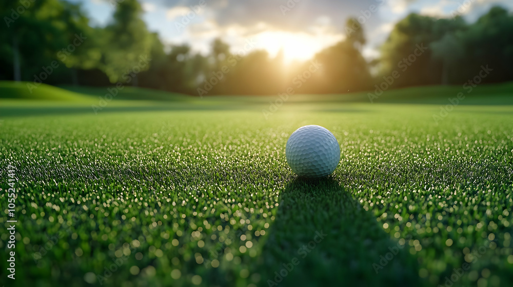 Golf Ball on Green Grass with Sunset Background 3D Illustration Golf Ball on Green Grass with Sunset Background 3D Illustration