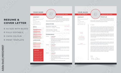 Resume and Cover Letter for job application with Red and Gray Accents 