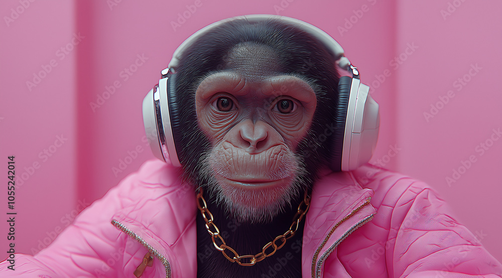 A monkey in a pink jacket and headphones, created with Generative AI technology. A monkey in a pink jacket and headphones, created with Generative AI technology.