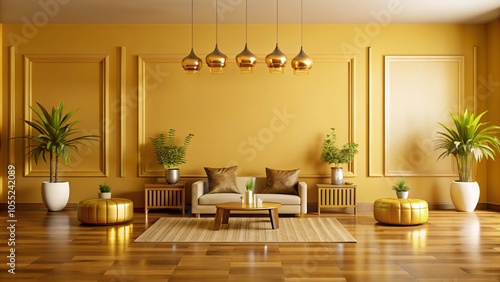 Minimalist living room with a gold theme, featuring a beige sofa, wooden coffee table, and two large potted plants.