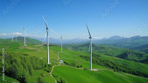 A wind farm on a green hillside, with large wind turbines generating clean energy