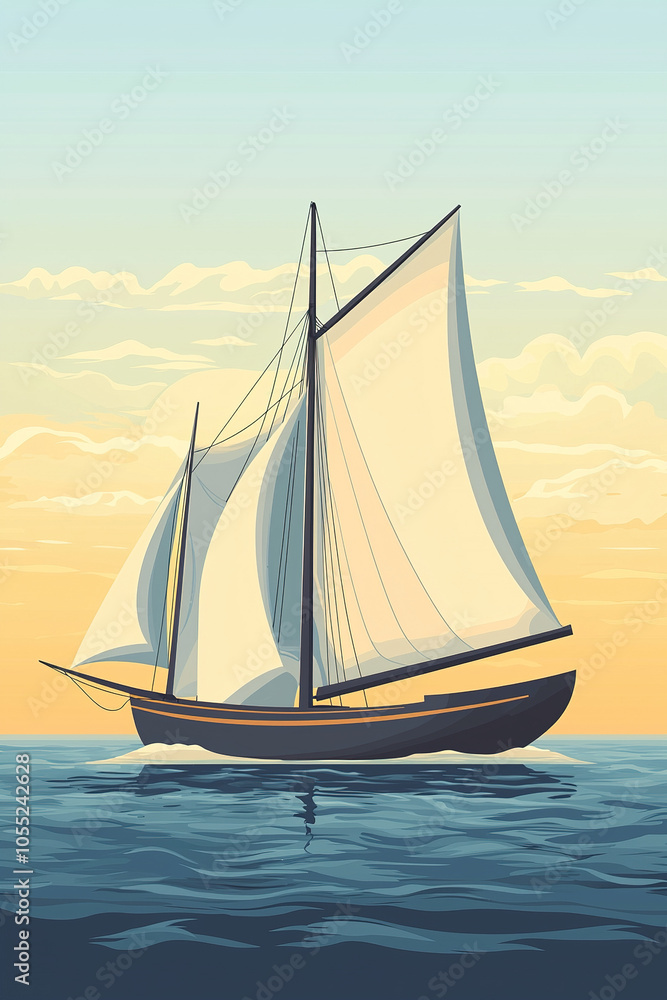 Fototapeta premium Vintage sailboat sailing at sunset with clouds