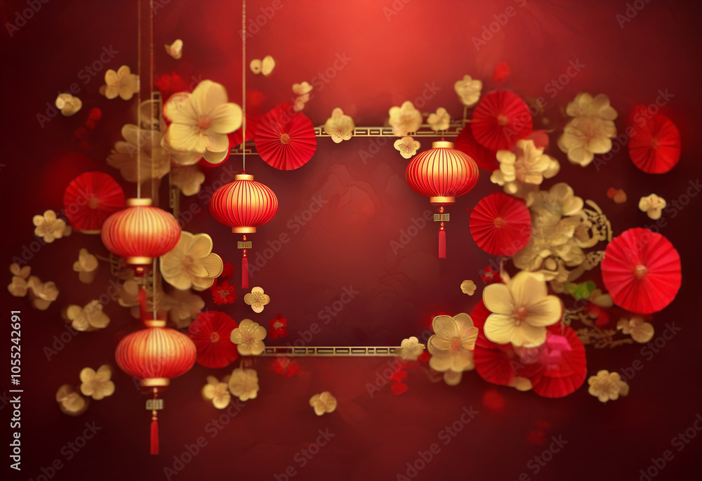 A festive Chinese New Year background with red lanterns, gold trim, and delicate flowers. A festive Chinese New Year background with red lanterns, gold trim, and delicate flowers.