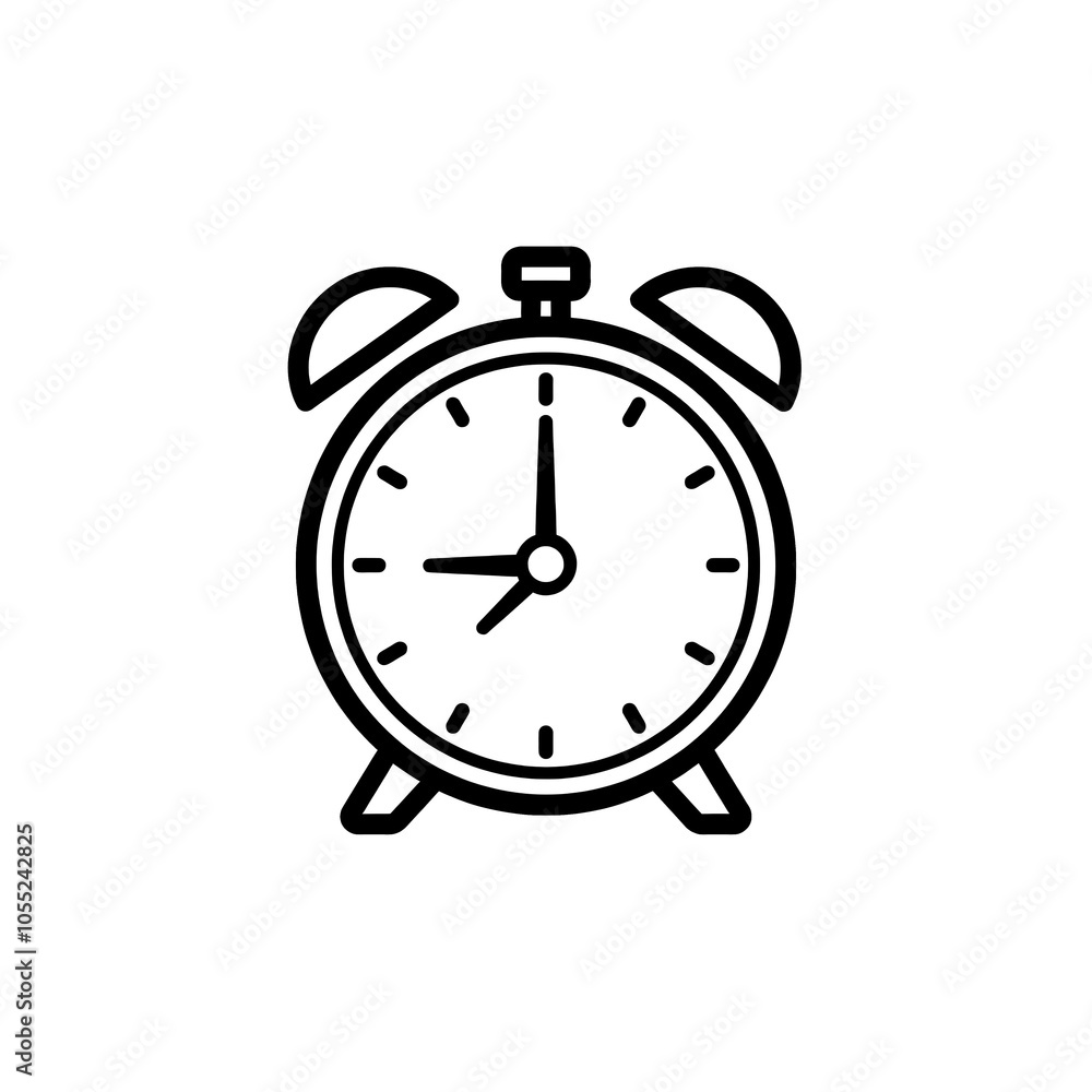 Black and white alarm clock icon with bells on top, representing time or wake-up alarm. Black and white alarm clock icon with bells on top, representing time or wake-up alarm.