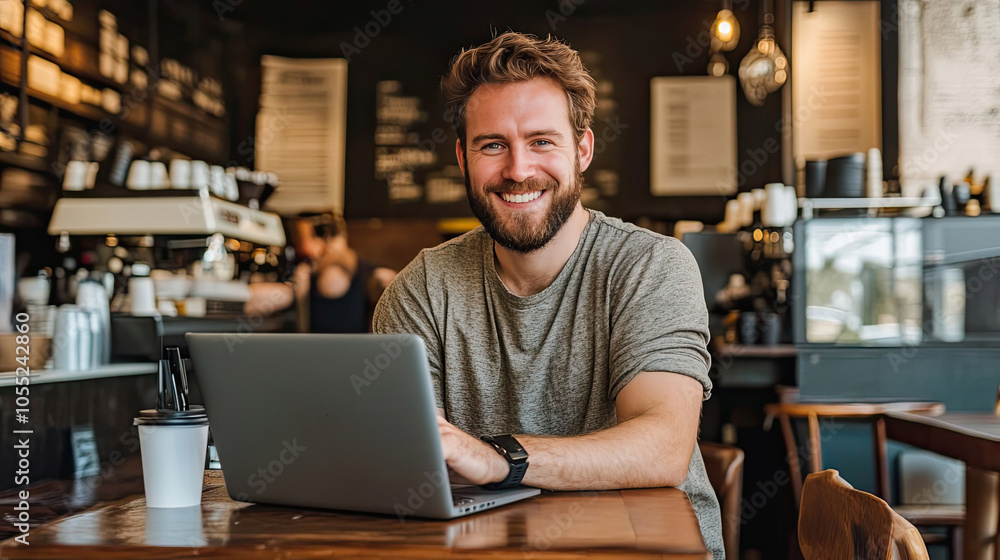 Smiling Man Working on Laptop in Coffee Shop Smiling Man Working on Laptop in Coffee Shop