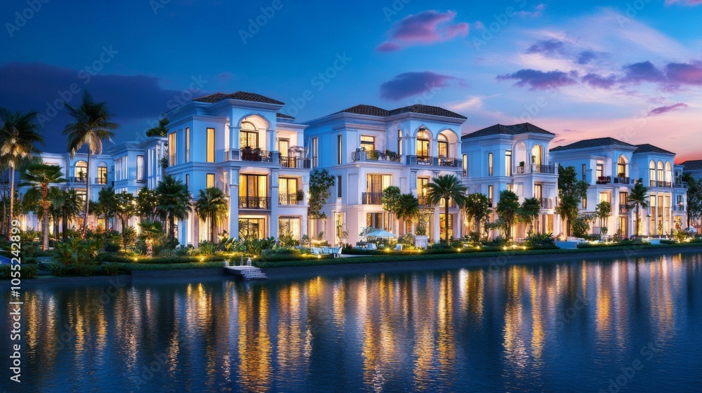 Elegant Coastal Property with Bright Lighting at Dusk Elegant Coastal Property with Bright Lighting at Dusk
