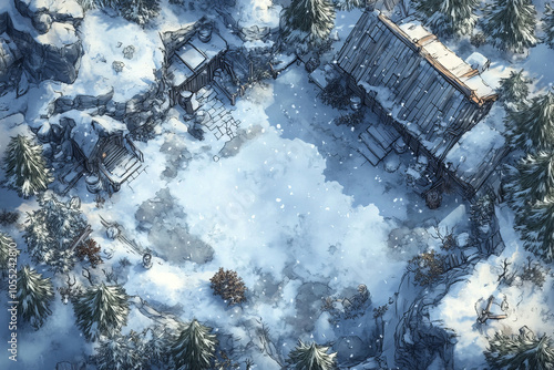 A top-down view of a VTT battlemap depicting an abandoned winter village in the mountains. photo