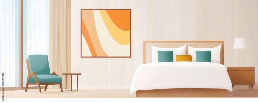 Fototapeta premium Artistic depiction of a contemporary hotel suite with floor-to-ceiling windows, a plush bed, and a stylish seating area, Luxury hotel suite, Spacious and luxurious