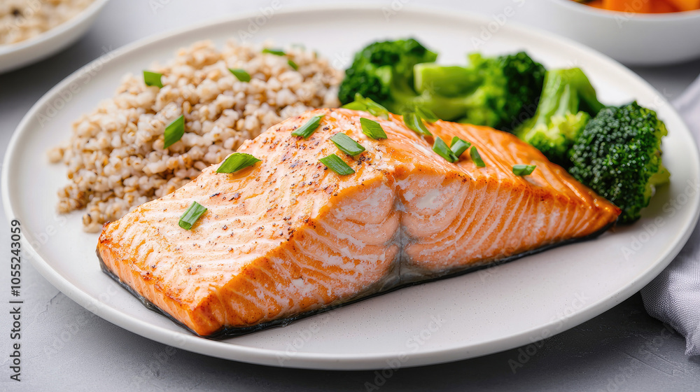 A delicious plate of salmon fillet served with steamed broccoli and brown rice, promoting a healthy and balanced meal. A delicious plate of salmon fillet served with steamed broccoli and brown rice, promoting a healthy and balanced meal.