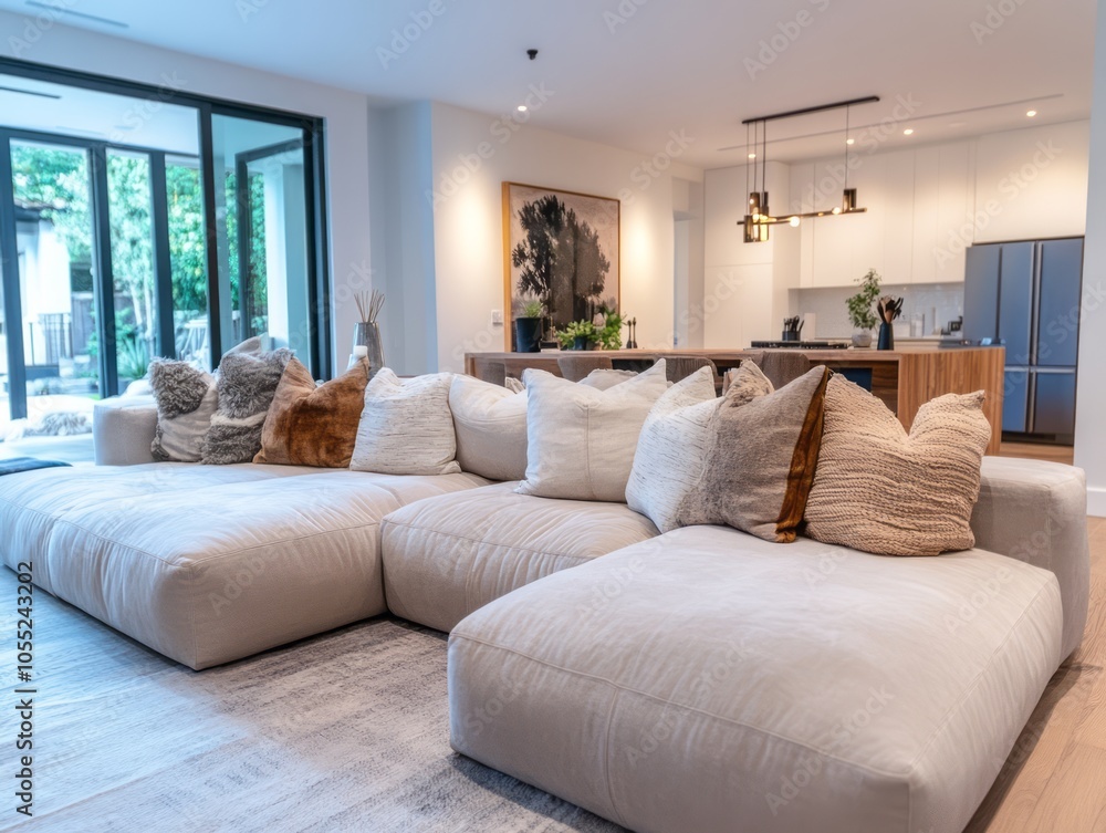 A living room with a large, welcoming sectional sofa, filled with fluffy pillows, and ambient lighting that creates a calm and inviting atmosphere A living room with a large, welcoming sectional sofa, filled with fluffy pillows, and ambient lighting that creates a calm and inviting atmosphere