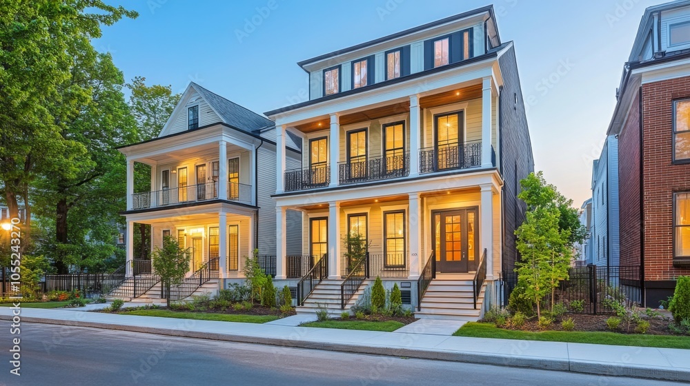 Fototapeta premium Elegant Homes with Bright Lighting in Neighborhood