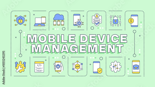 Mobile device management green word concept. Cyber security, corporate. Cloud technology. Typography banner. Vector illustration with title text, editable icons color. Hubot Sans font used
