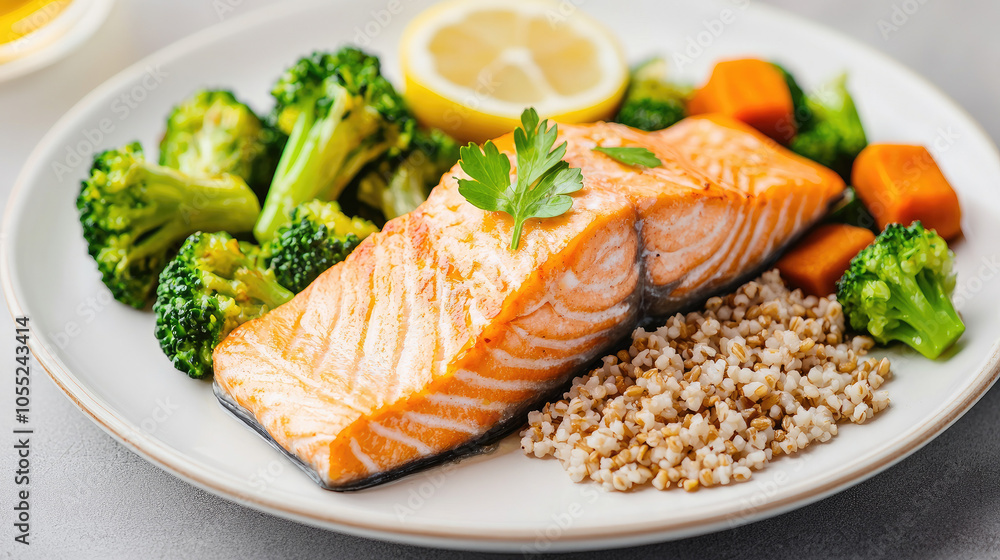 Delicious salmon fillet served with broccoli, carrots, and grain, garnished with lemon and parsley for a healthy meal. Delicious salmon fillet served with broccoli, carrots, and grain, garnished with lemon and parsley for a healthy meal.