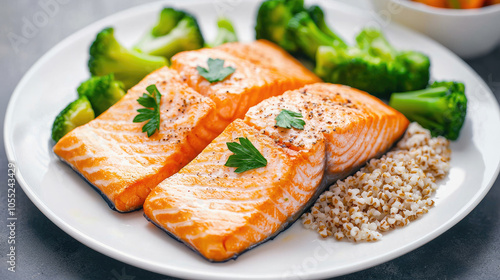 Delicious salmon fillets served with broccoli and grains, garnished with fresh herbs on a white plate.