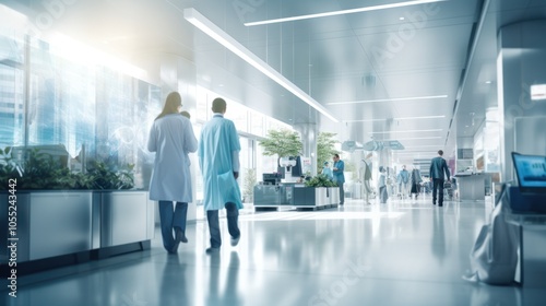 Motion blur effect of hospital personnel walking through a corridor