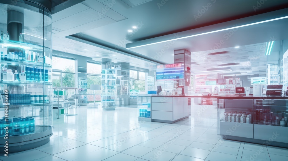 The blurred backdrop of a bright pharmacy room where shelves are lined with various medicines The blurred backdrop of a bright pharmacy room where shelves are lined with various medicines