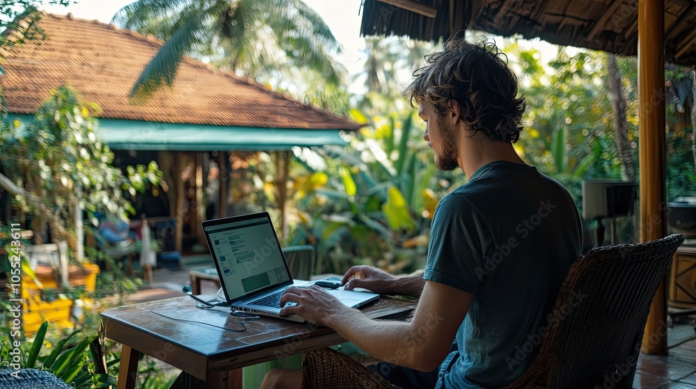 Man Working on Laptop in a Tropical Setting Man Working on Laptop in a Tropical Setting