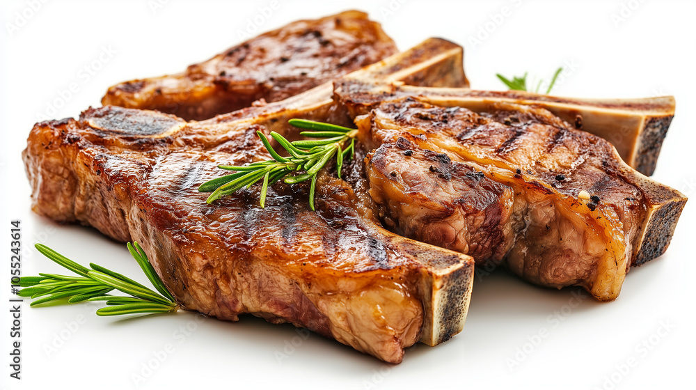 Juicy grilled T-bone steak with rosemary isolated on white background. Juicy grilled T-bone steak with rosemary isolated on white background.