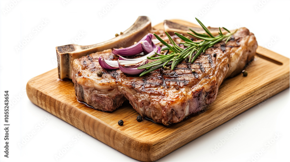 Juicy grilled T-bone steak with rosemary and red onion isolated on white background.