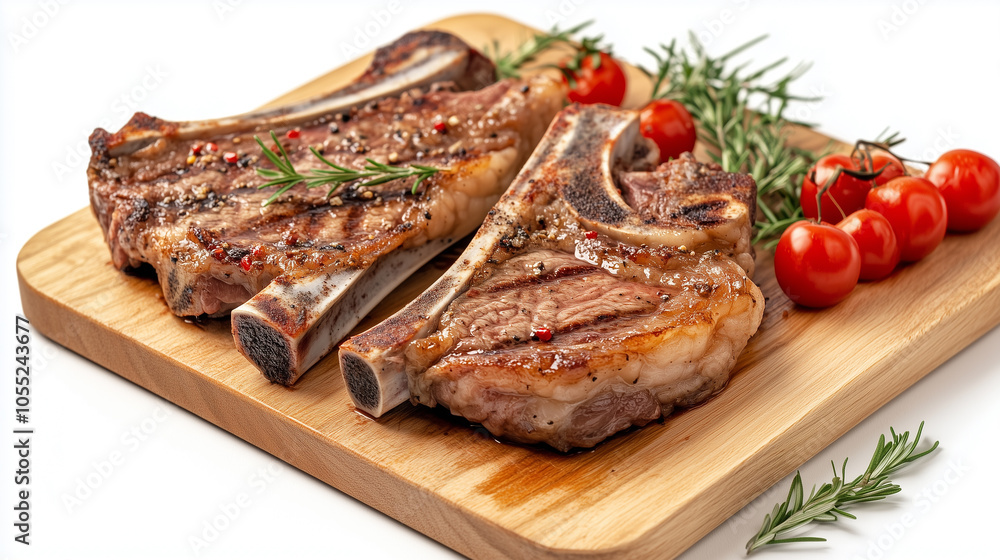 Juicy grilled T-bone steak with rosemary and cherry tomatoes isolated on white background. Juicy grilled T-bone steak with rosemary and cherry tomatoes isolated on white background.