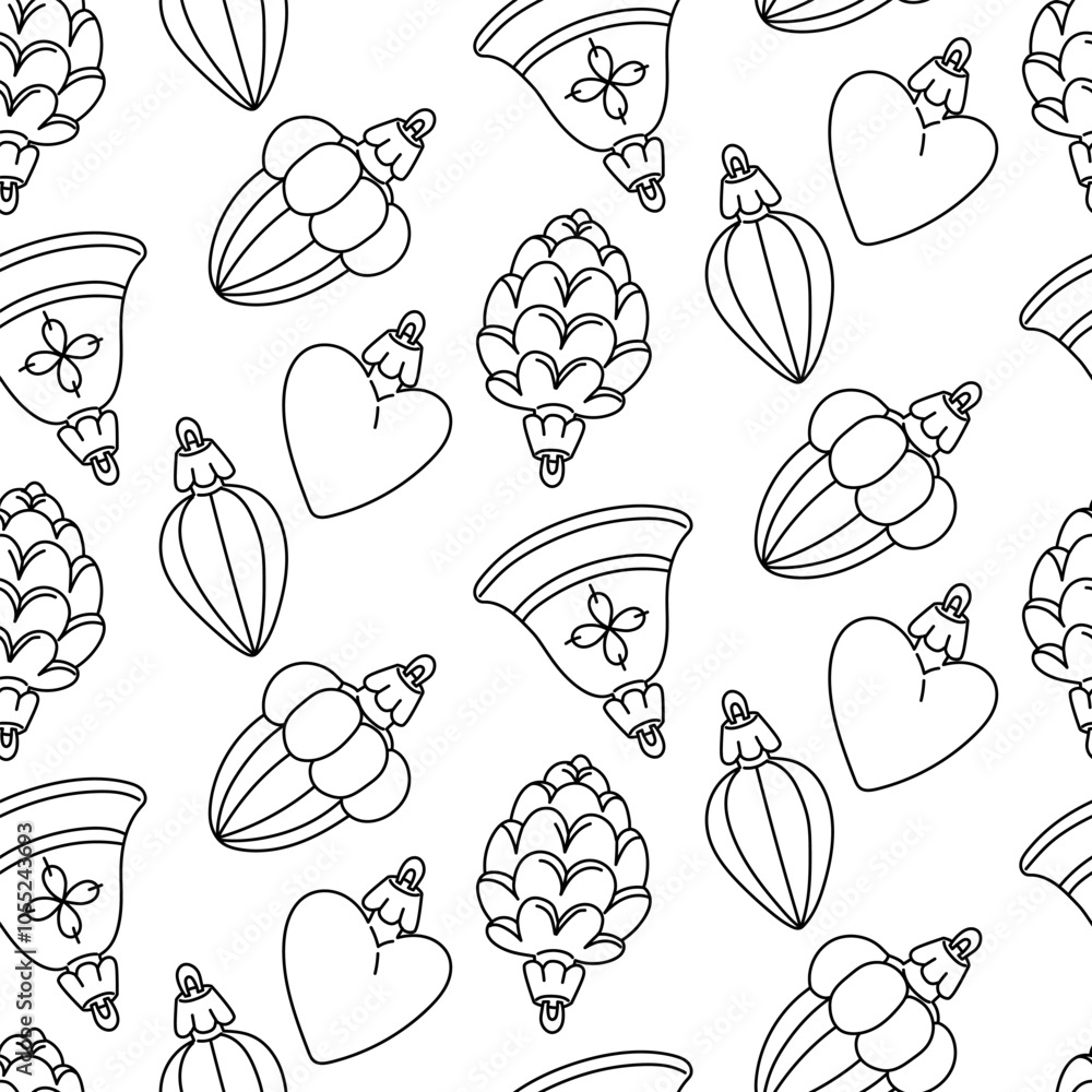 doodle pattern of Soviet Christmas tree toys of various shapes. Toys made of glass. illustration is made in vintage style. Bell, icicle, acorn, heart, forest objects. Festive decorating Christmas tree doodle pattern of Soviet Christmas tree toys of various shapes. Toys made of glass. illustration is made in vintage style. Bell, icicle, acorn, heart, forest objects. Festive decorating Christmas tree