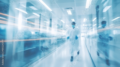 The corridor of a healthcare facility with medical staff moving through,