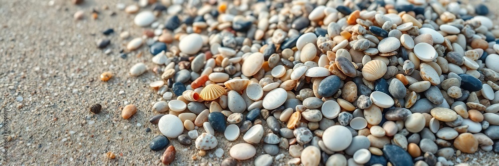A close-up of a heap of colorful sea pebbles and shells scattered on the sandy beach, ocean, relaxation A close-up of a heap of colorful sea pebbles and shells scattered on the sandy beach, ocean, relaxation