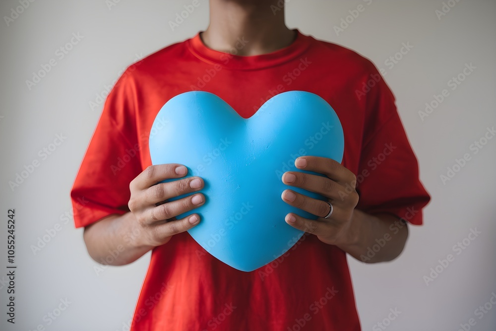 Person in Red Shirt Holds Large Blue Heart, Evoking Love and Attachment Person in Red Shirt Holds Large Blue Heart, Evoking Love and Attachment
