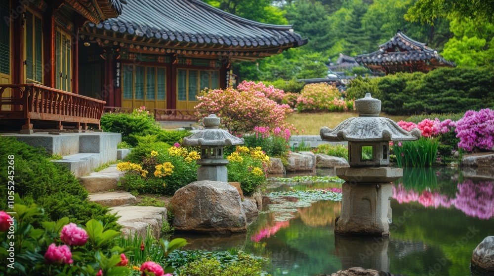 A tranquil Korean temple garden in spring, with traditional stone lanterns, A tranquil Korean temple garden in spring, with traditional stone lanterns,