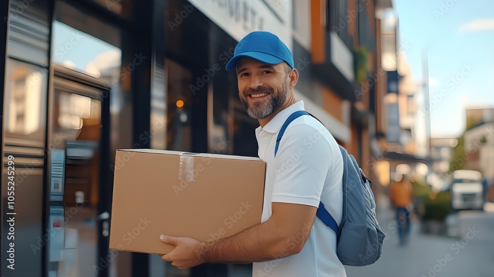 Cheerful Delivery Man in Blue Cap and White Shirt. Cheerful Delivery Man in Blue Cap and White Shirt.