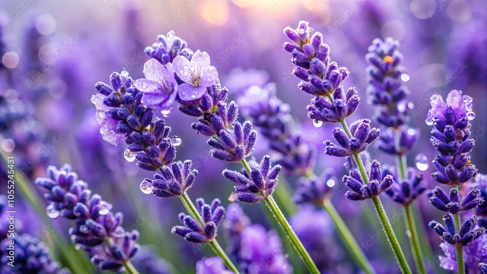 Fototapeta premium A cluster of lavender flowers with droplets of water glistening on their petals in a field setting, lavender, droplets, landscape