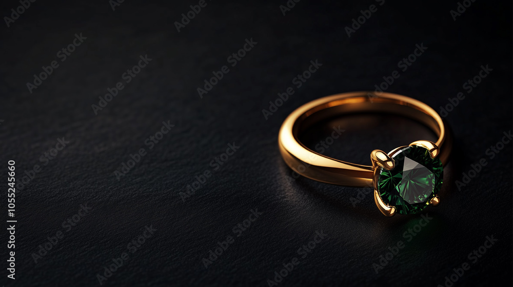 A green gemstone ring with a gold band. The ring is on a black surface. The ring is a symbol of love and commitment A green gemstone ring with a gold band. The ring is on a black surface. The ring is a symbol of love and commitment