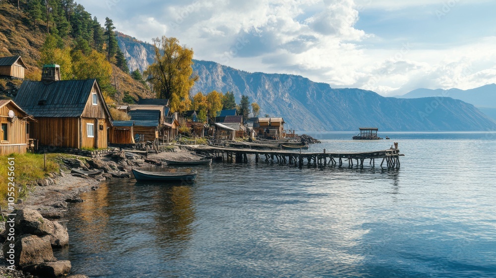 A tranquil scene of a small village on the shores of Lake Baikal, A tranquil scene of a small village on the shores of Lake Baikal,