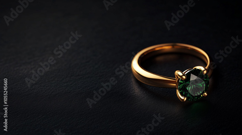 A green gemstone ring with a gold band. The ring is on a black surface. The ring is a symbol of love and commitment